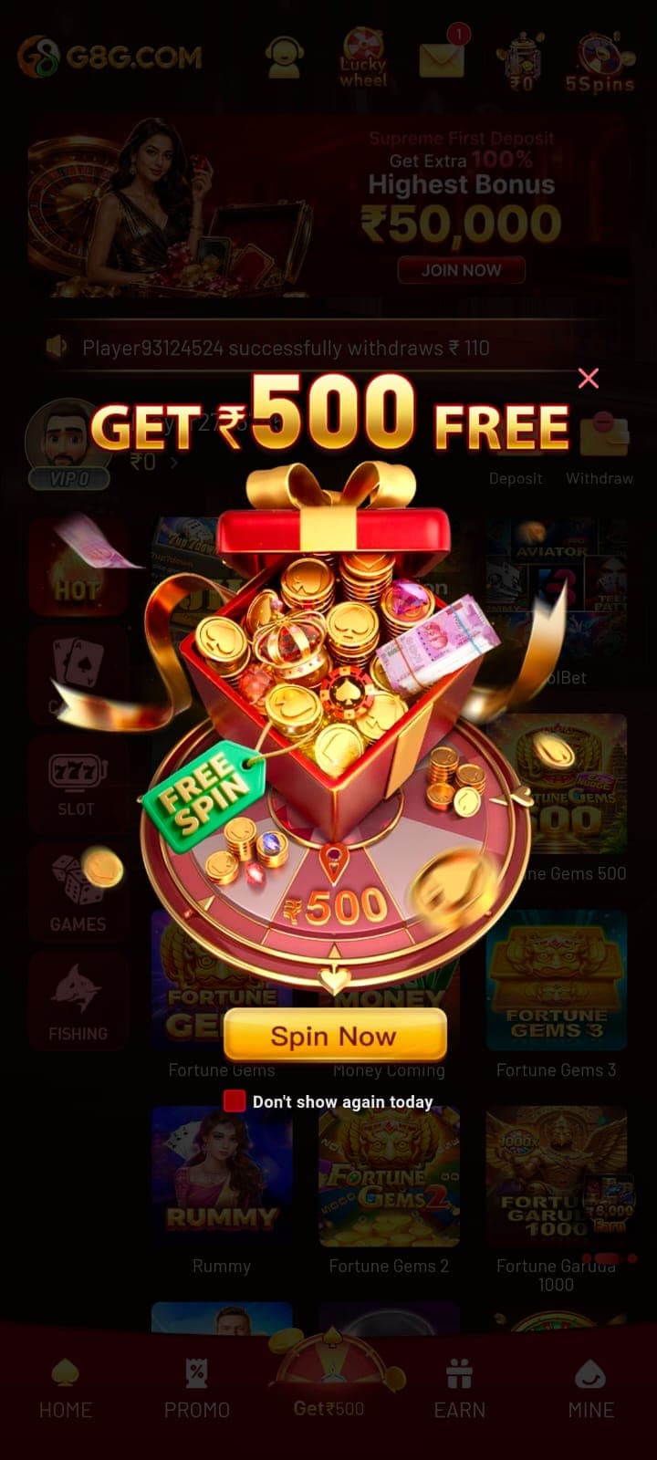 G8G free-spin promotional interface